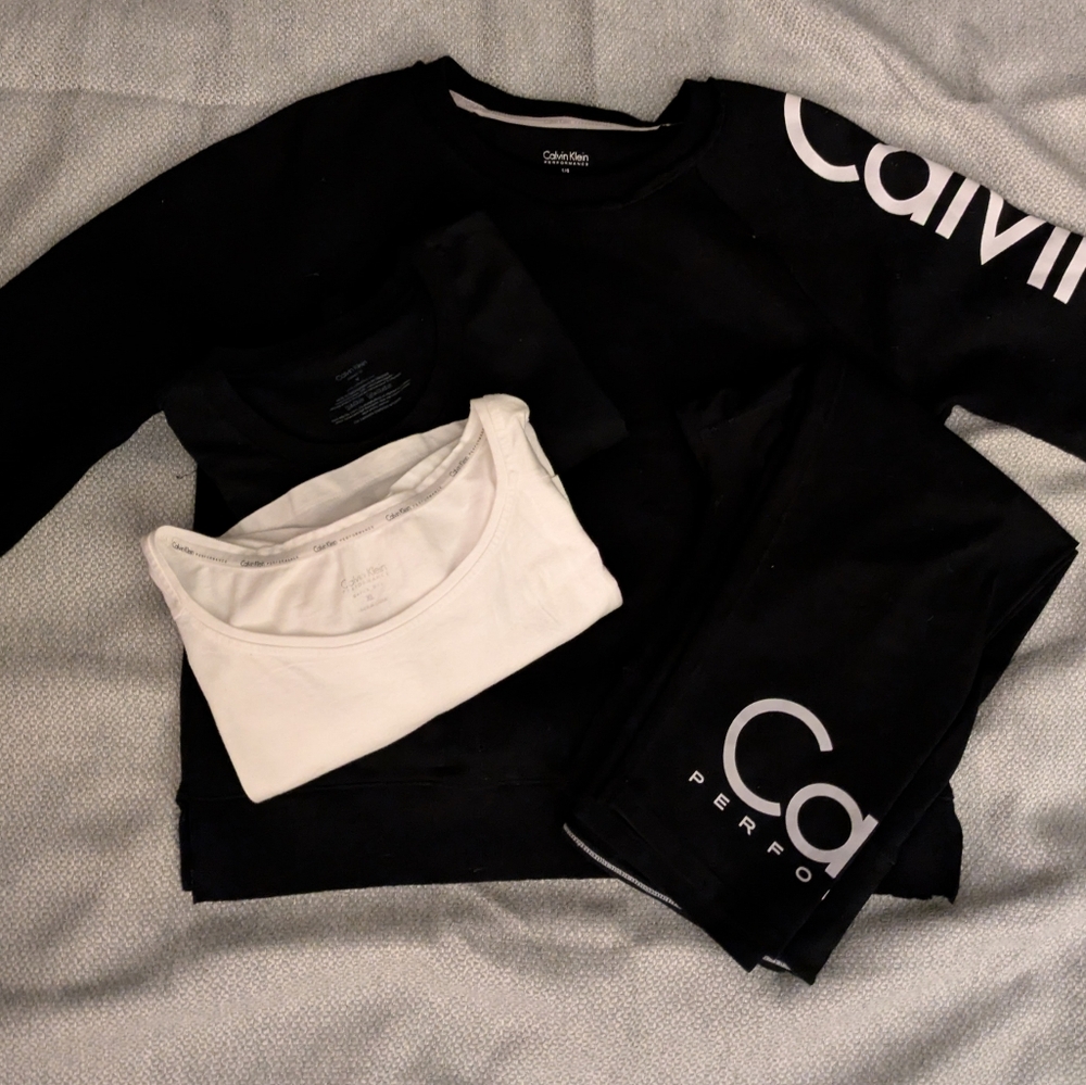 Women's Calvin Klein Black And White Apparel One Sweatshirt One Capri And Two Ts